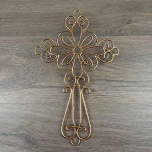 Vintage Metal Wall Cross Bronze Scrollwork Floral Rustic Religious Home Decor